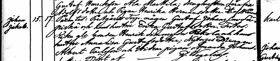 Kangasalan syntyneiden luettelon rivi vuodelta 1874: nimi Johan Jakob, päivät 15 ja 17, ja vanhempien nimet ruotsiksi